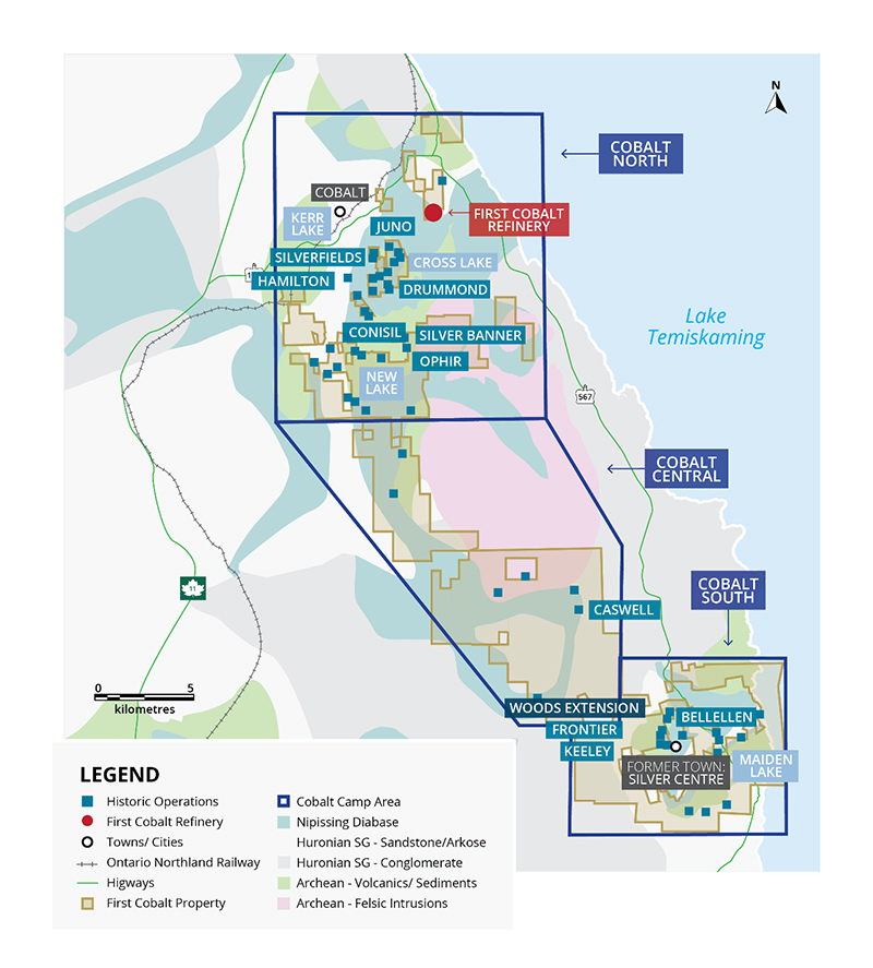 Figure 1. Regional bedrock geology of the Cobalt Camp showing target areas for exploration work in 2018.