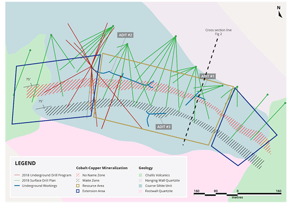 Figure 1. Bedrock geology and cobalt-copper mineralization at Iron Creek. Drill holes shown 