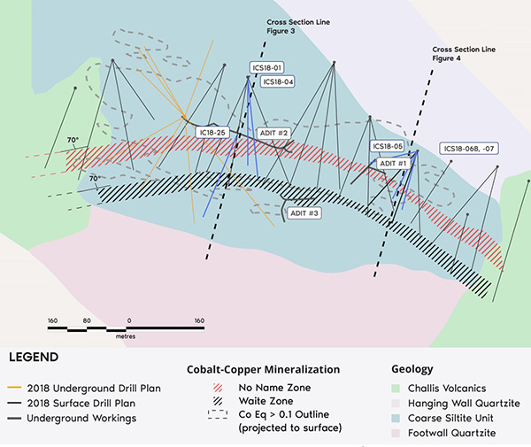 Figure 1. Bedrock geology and surface expression of cobalt-copper mineralization at Iron Creek. 