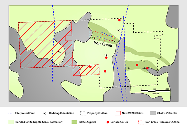 New claims relative to existing property. Simplified bedrock geology based on field mapping.