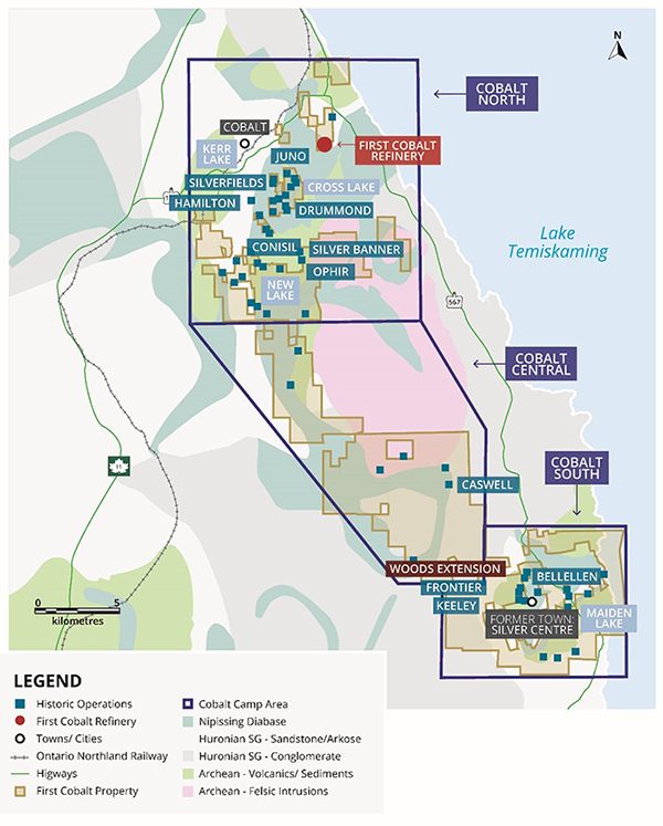 First Cobalt property in proximity to the town of Cobalt (north) and the former town of Silver Centre (south), as well as rail, regional highway, and the First Cobalt Refinery. Place names refer to areas recently explored and targeted by drilling.