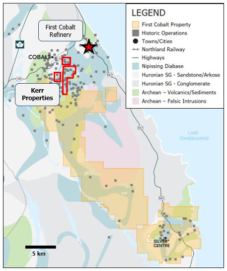 Location and bedrock geology of the Canadian Cobalt Camp properties highlighting First Cobaltâ€™s Kerr Assets (red box) and the Remaining Assets (orange shading) comprising its land package