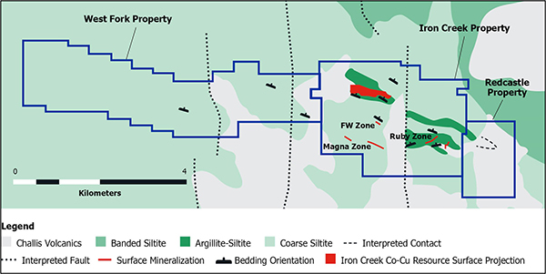 Figure 1. Bedrock geology map outlining the First Cobalt property limit and drilled projection of cobalt-copper resources.