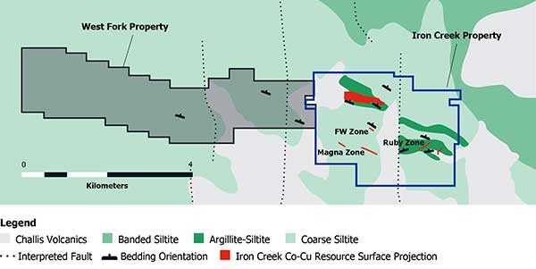 Bedrock geology map showing Iron Creek Project and newly acquired West Fork property
