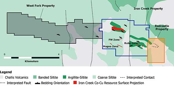 Figure 1. Bedrock geology map showing Iron Creek project, recently acquired West Fork property, and newly acquired Redcastle property
