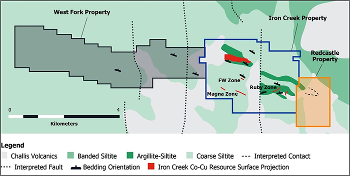 Bedrock geology of the Iron Creek Project area. Diamond drilling stations for the 2021 program are focussed at the eastern and western margins of the known Iron Creek resource.